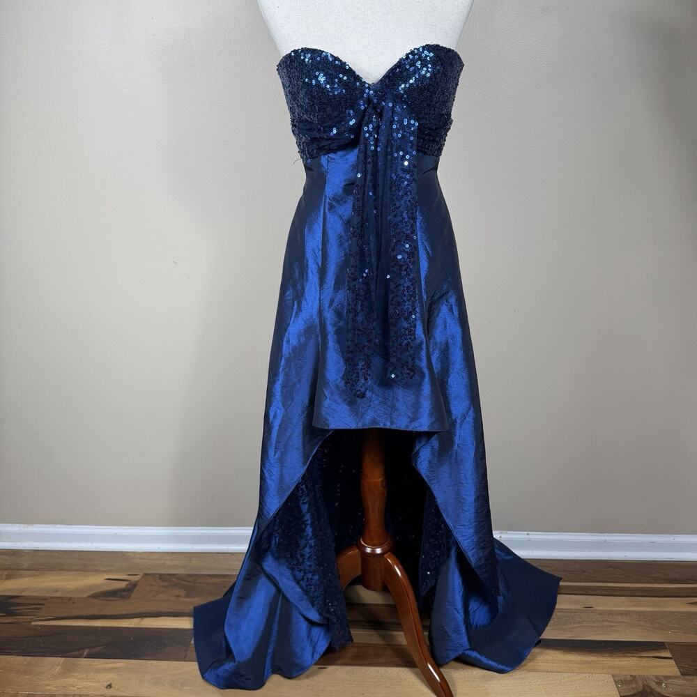 Sherri Hill Strapless Dark Blue Sequin high Low Gown Size 4 Formal Prom Dress